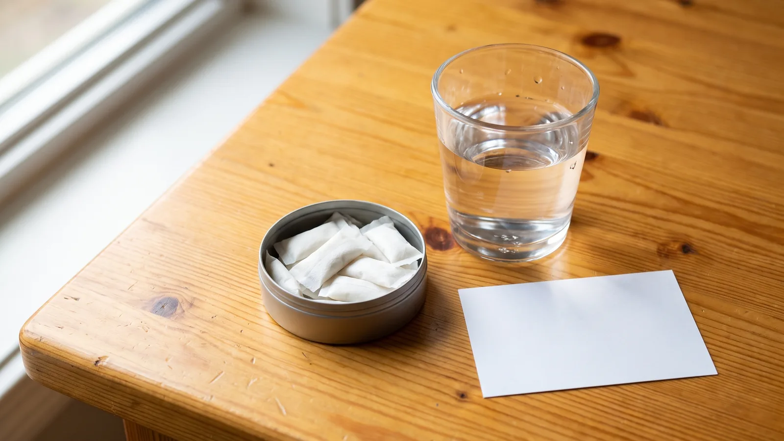 A tin of caffeine pouches beside a glass of water