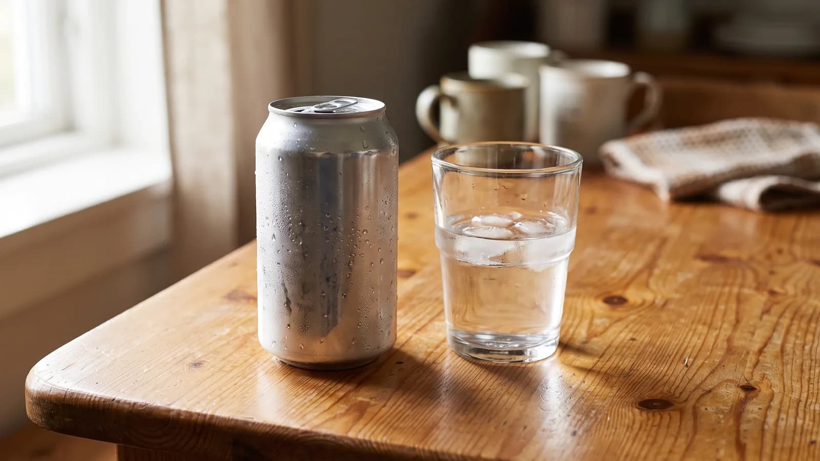 An unbranded energy drink can next to a glass of water