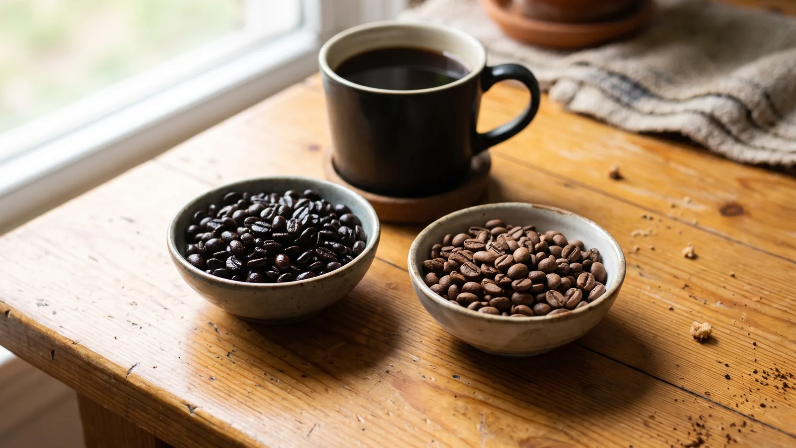 Dark and medium roast coffee beans side by side