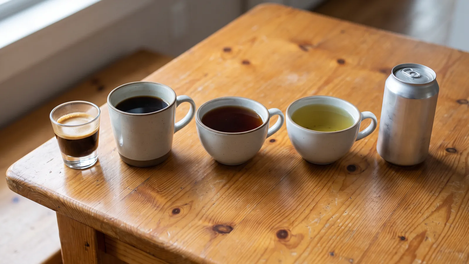 A row of espresso, coffee, tea and an energy drink can