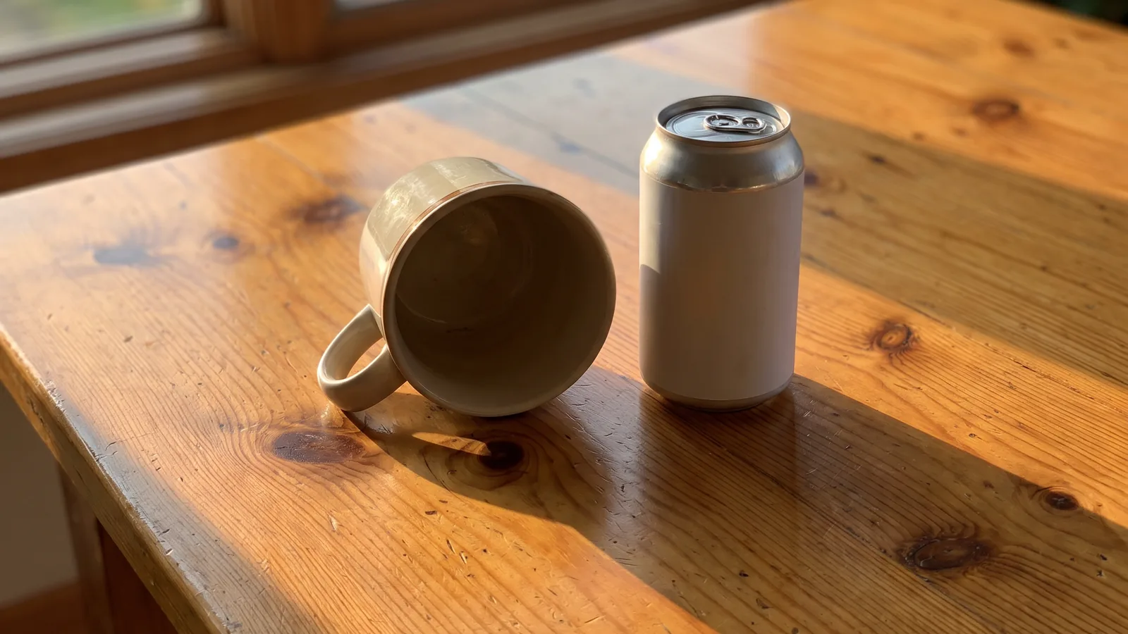 An empty mug and can in late-afternoon light