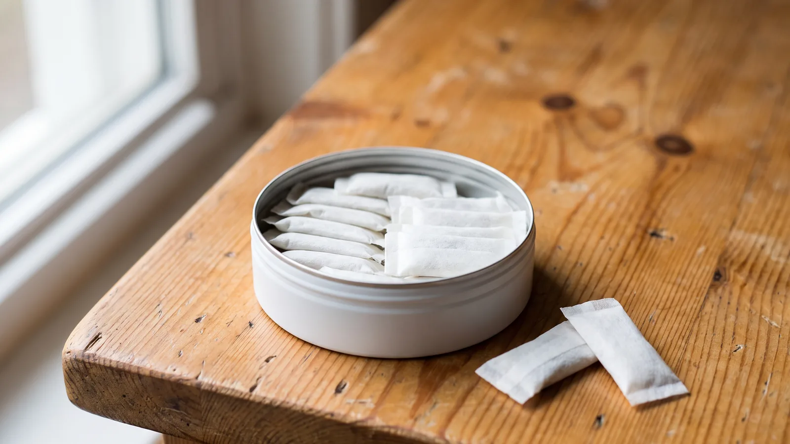 Close-up of white caffeine pouches in an open tin