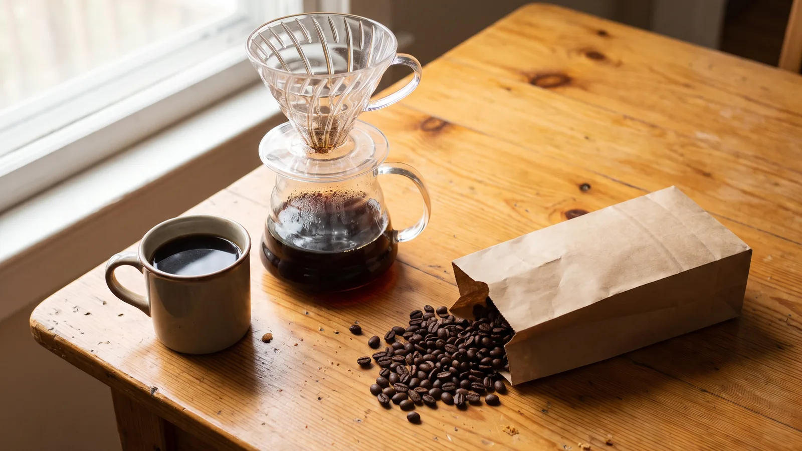 Pour-over coffee, a cup of black coffee and roasted beans on a wooden table