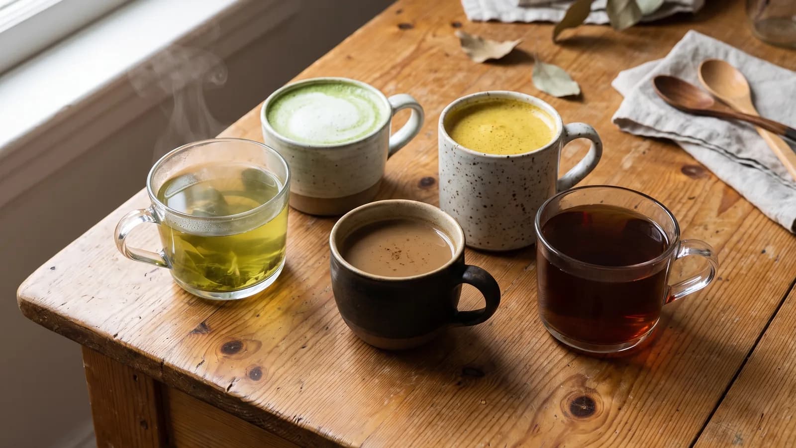 Cups of tea, matcha, chicory and mushroom coffee