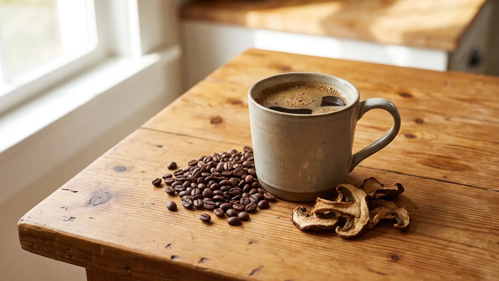Mushroom coffee next to coffee beans and dried mushrooms