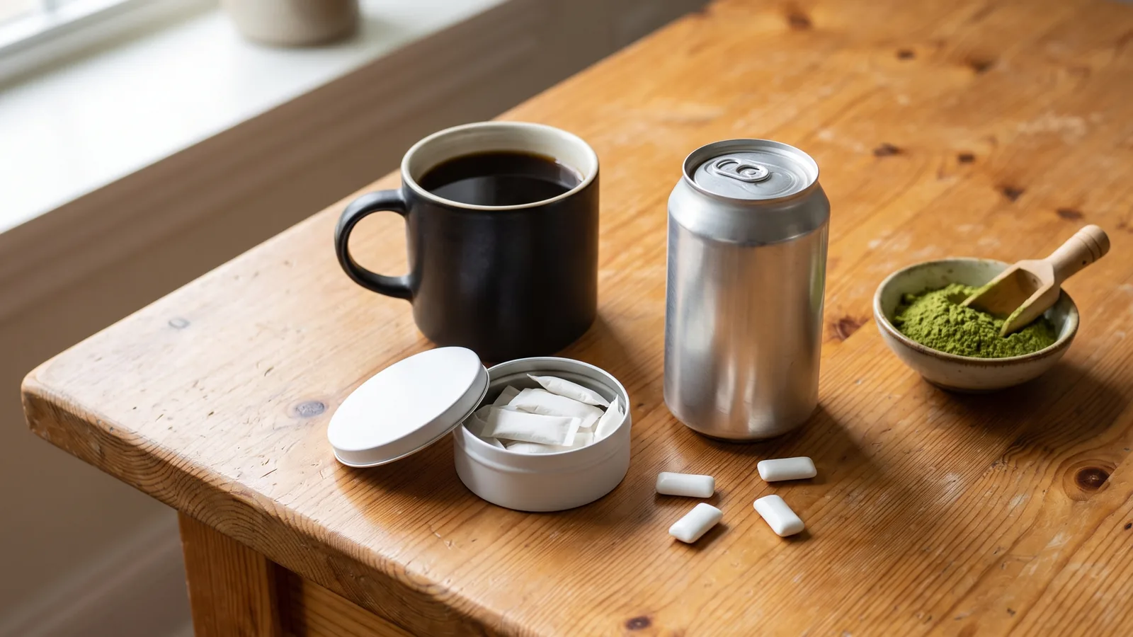 Energy products on a wooden table: coffee, caffeine pouches, a can, gum and matcha