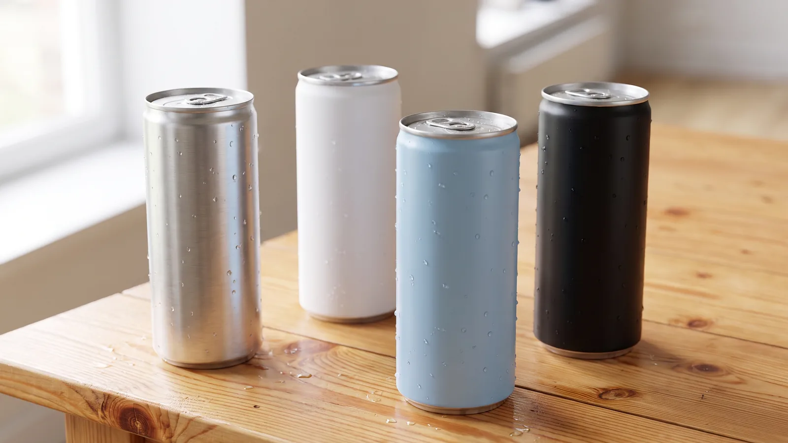 Unbranded energy drink cans on a wooden table