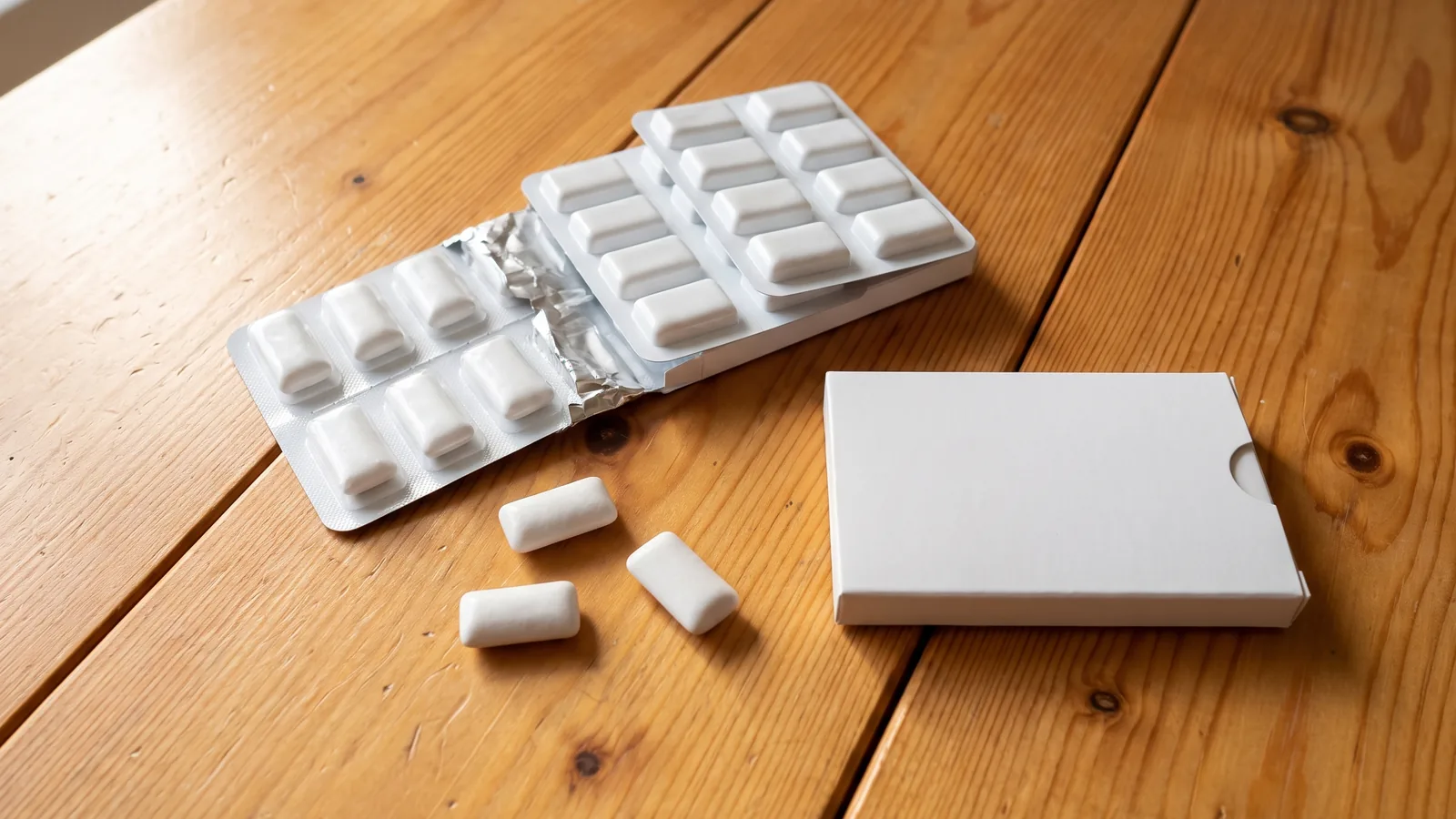 Pieces of caffeine gum on a wooden table