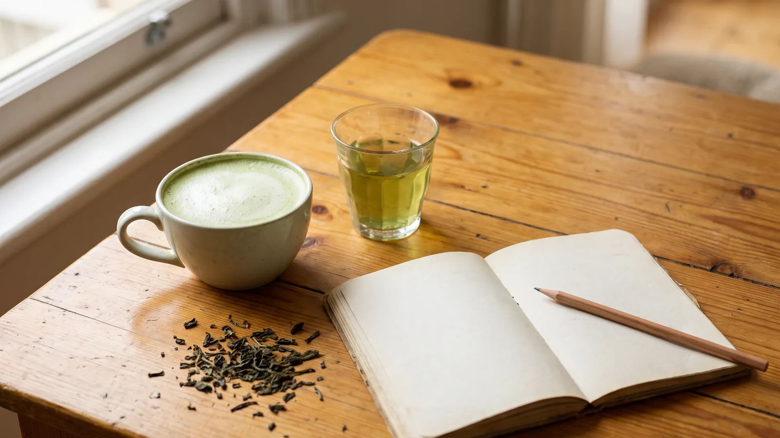 Matcha, green tea and an open notebook on a wooden table