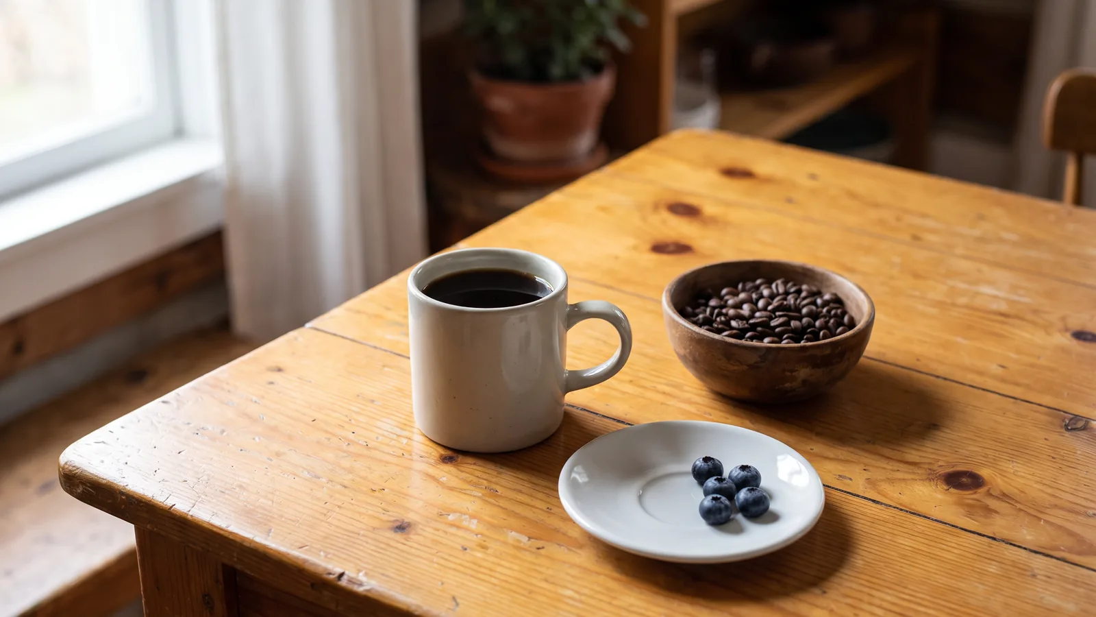 A cup of black coffee and roasted beans on a wooden table