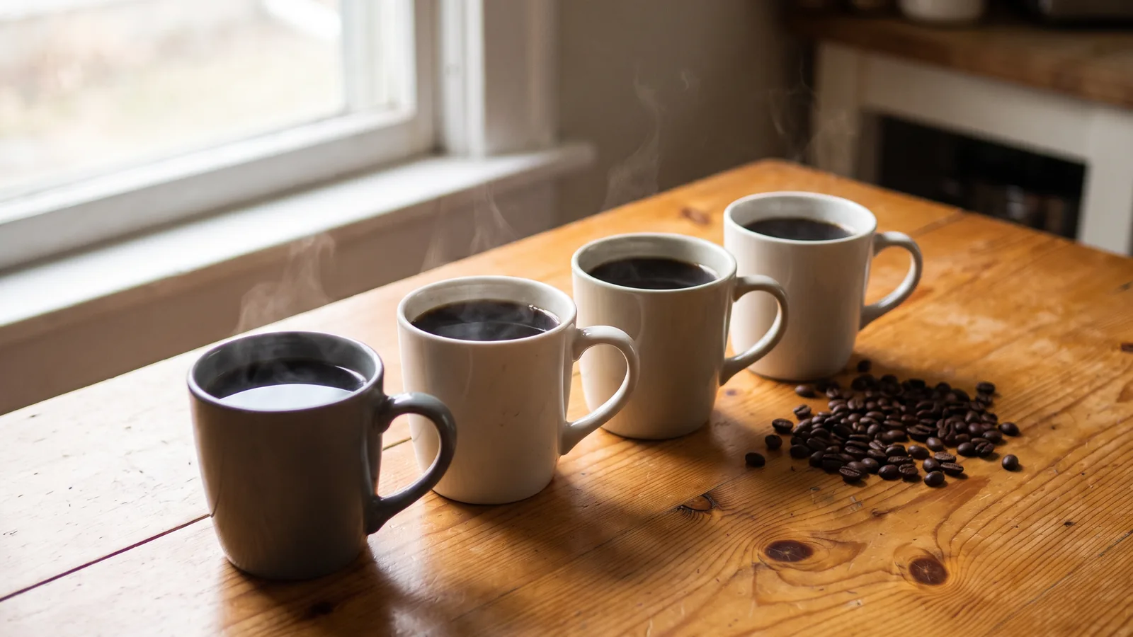 Four cups of coffee lined up in a row