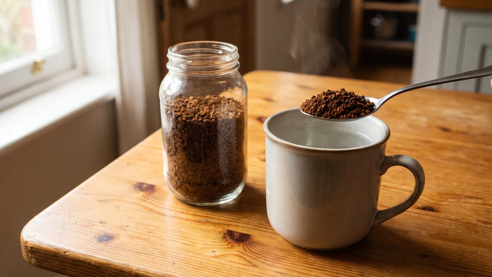 A spoonful of instant coffee granules over a mug