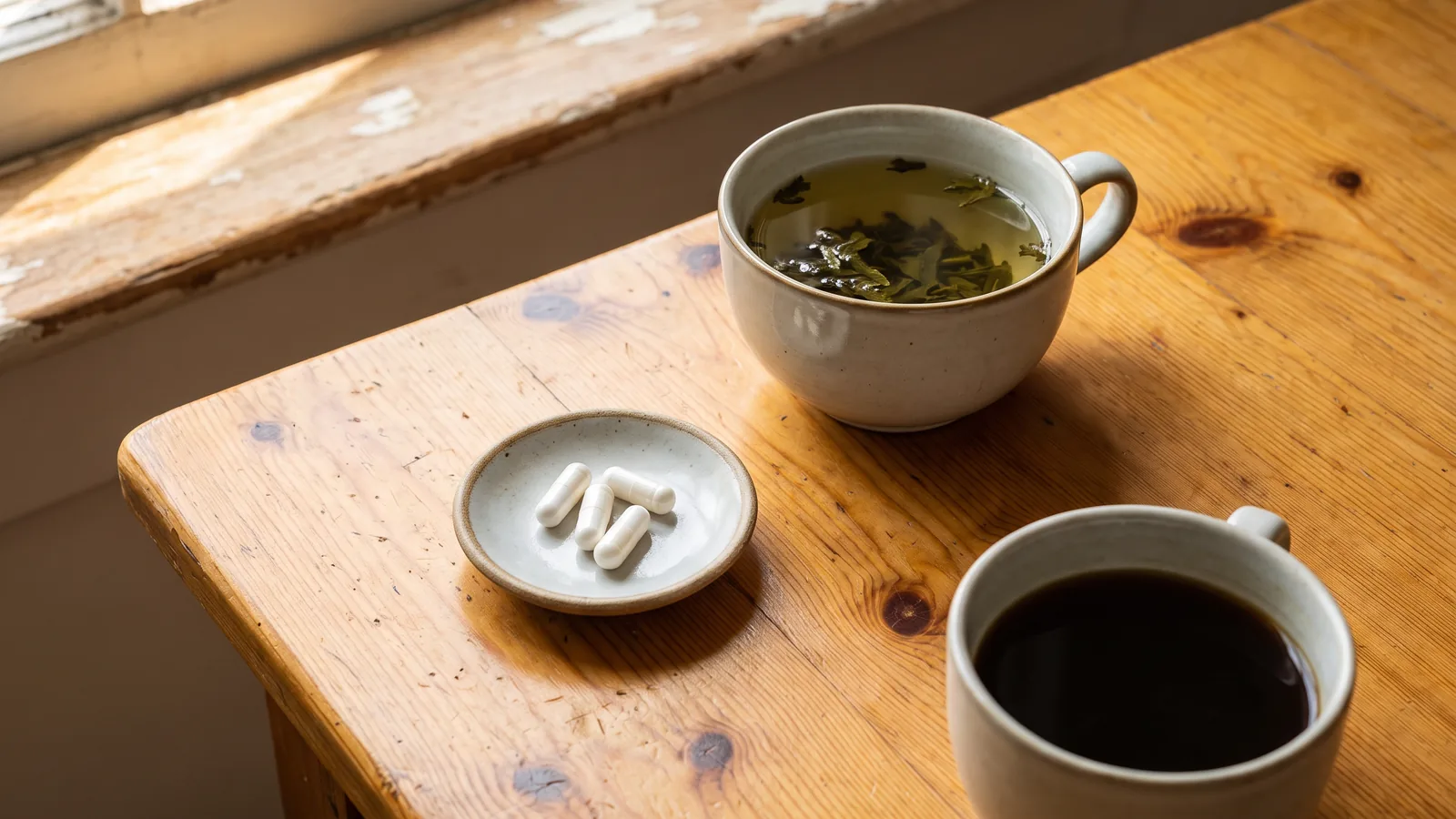 Green tea, capsules and coffee on a wooden table