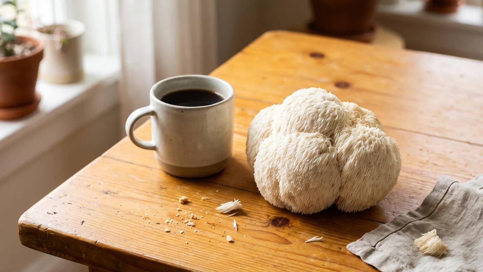 A fresh lion's mane mushroom beside a mug of coffee