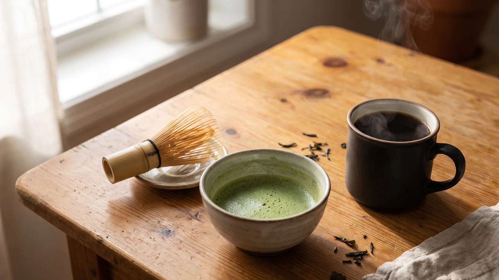 Matcha with a bamboo whisk beside a cup of coffee