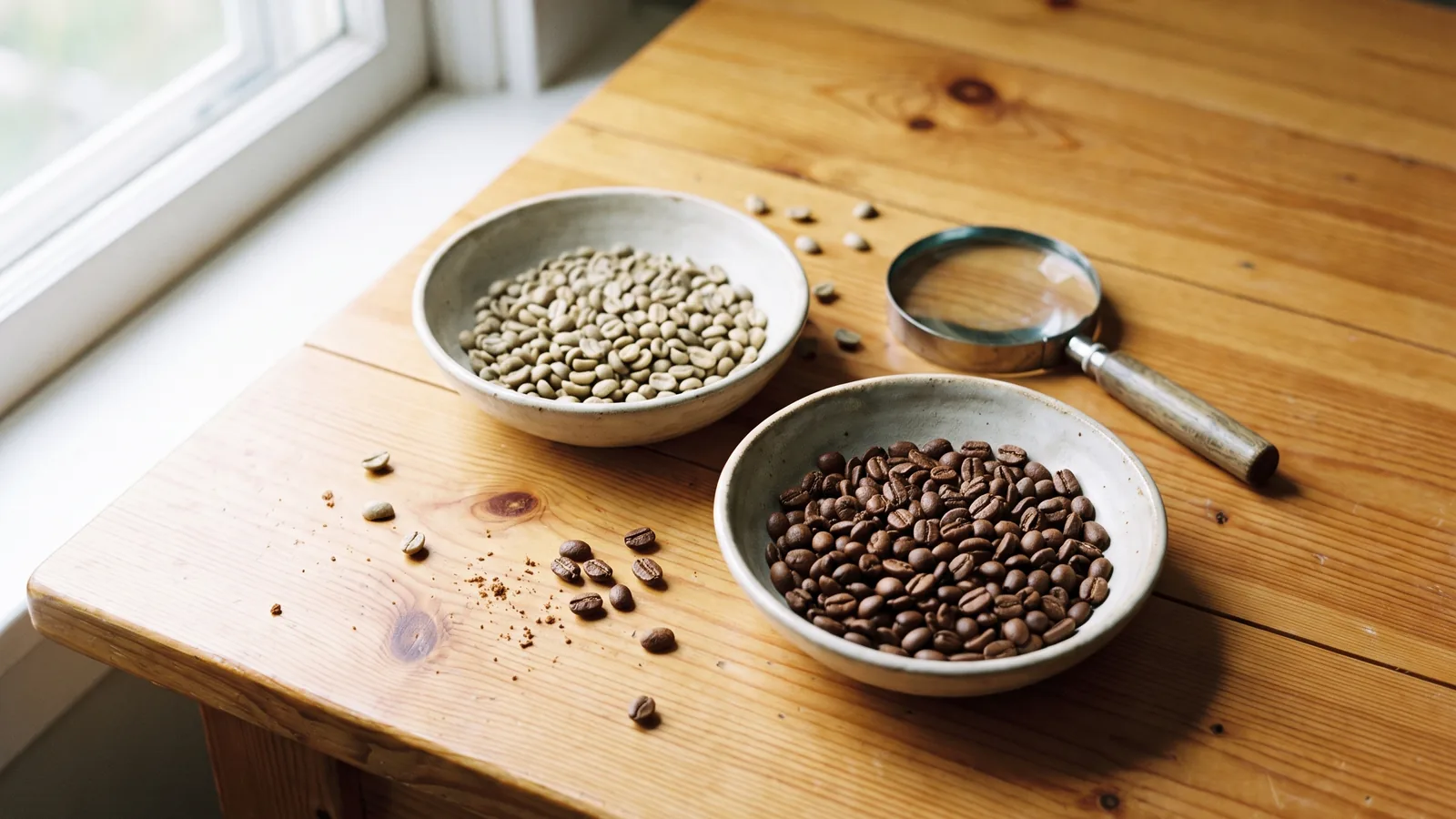 Green and roasted coffee beans with a magnifying glass