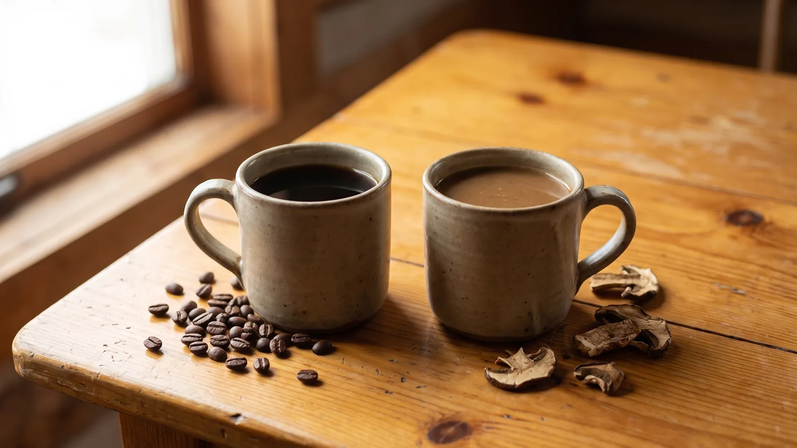 Regular coffee and mushroom coffee side by side