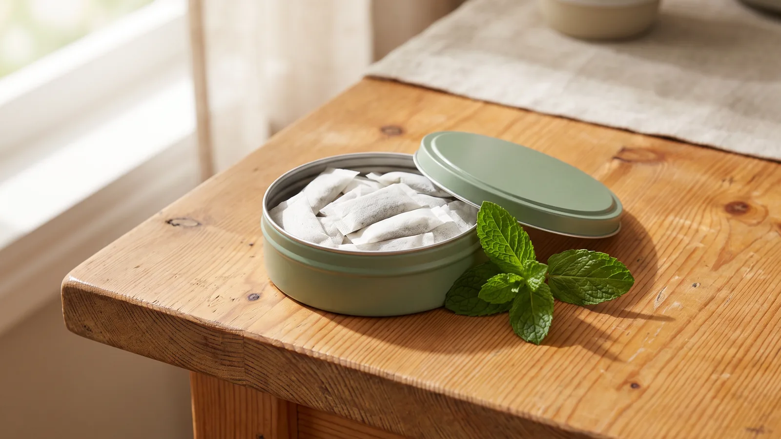 An open tin of nicotine-free energy pouches with mint leaves