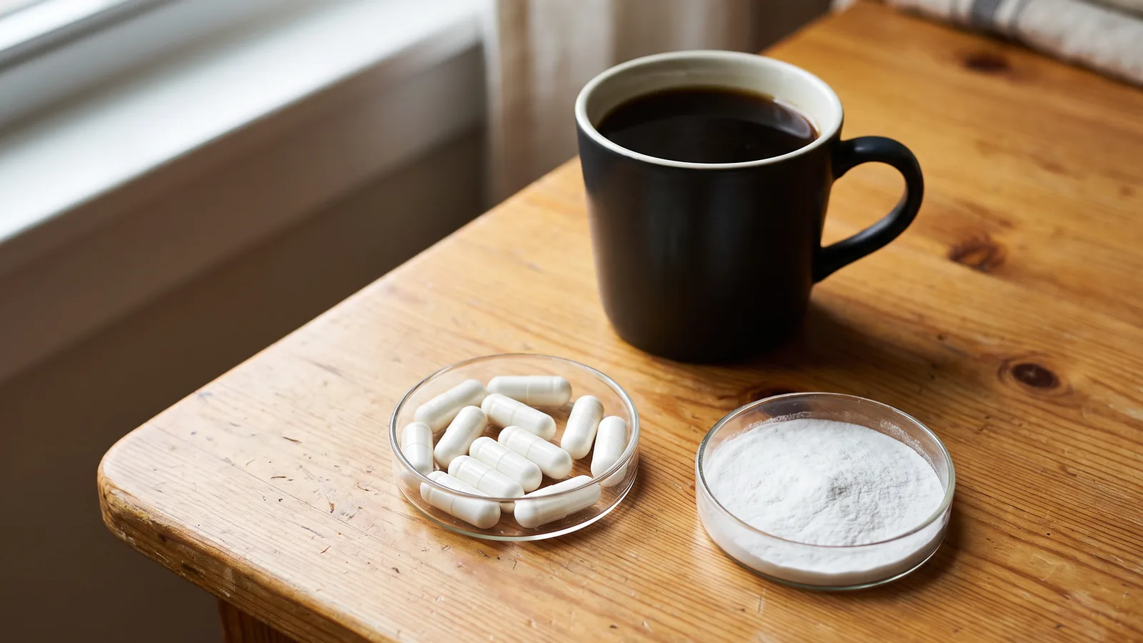 Two dishes of white capsules beside a cup of coffee