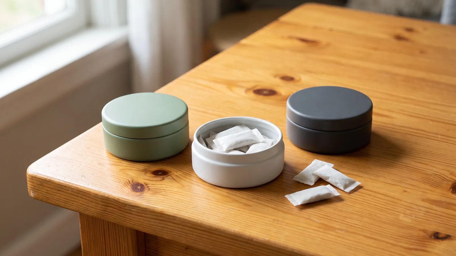 Unbranded tins of caffeine pouches on a wooden table