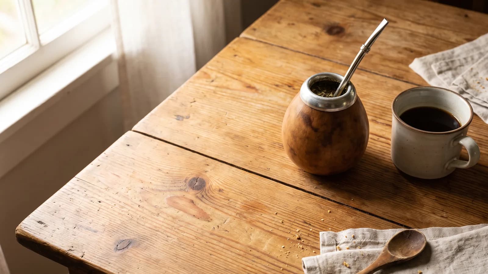 Yerba mate gourd beside a cup of coffee