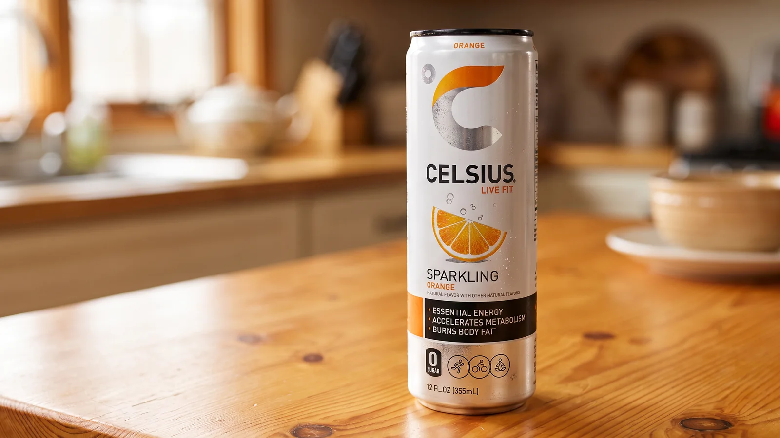 Celsius Sparkling Orange can on a wooden table