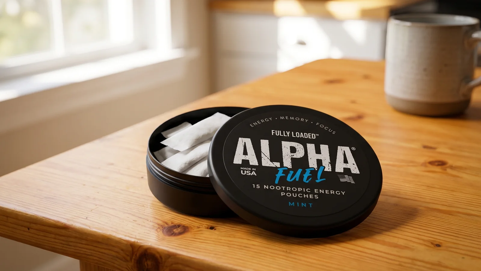 Open Fully Loaded ALPHA Fuel Mint pouch tin on a wooden table
