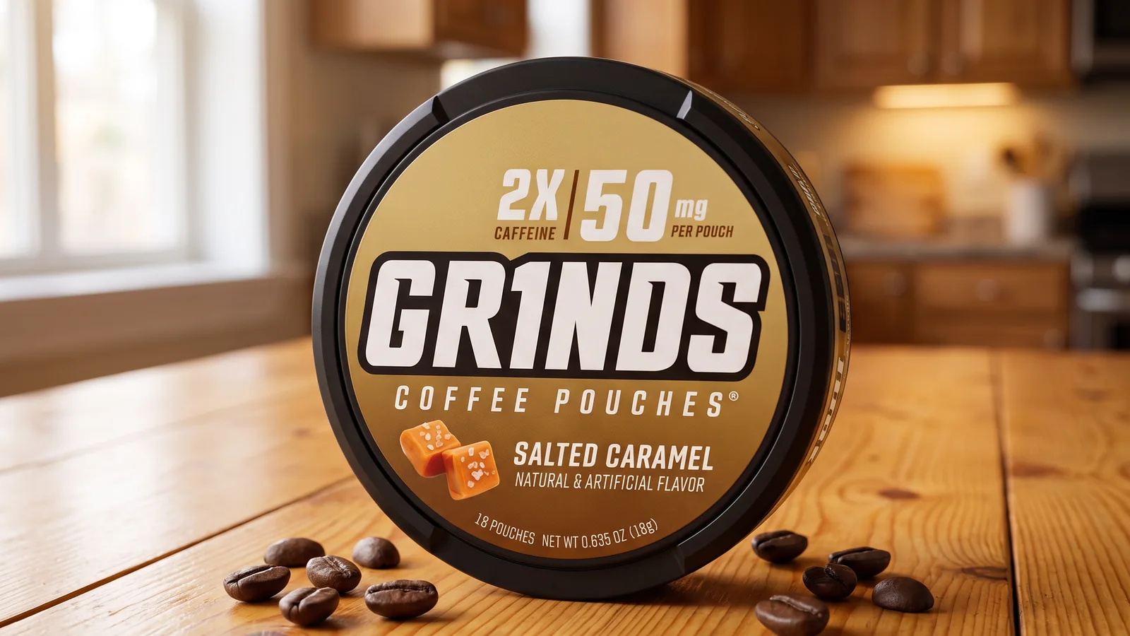 GRINDS Salted Caramel coffee pouch tin with coffee beans on a wooden table