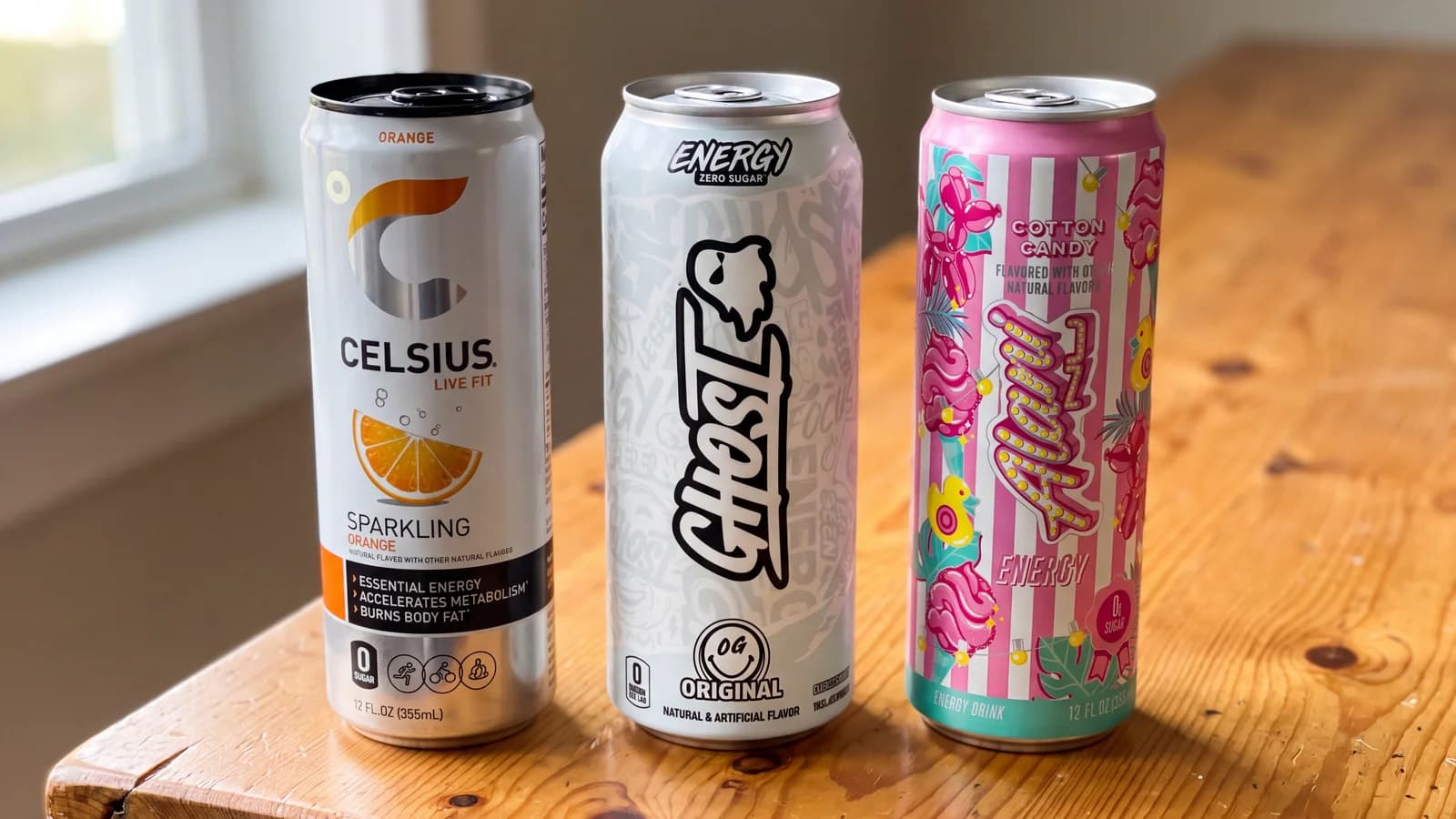 Celsius, Ghost and Alani Nu energy drink cans side by side on a wooden table
