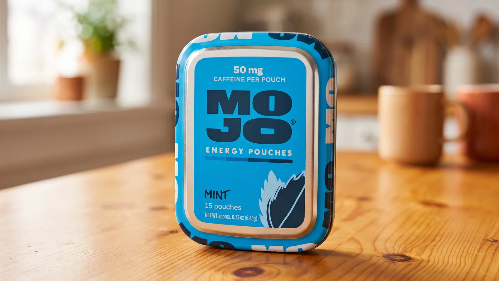 MOJO Mint 50 mg energy pouch tin on a wooden table
