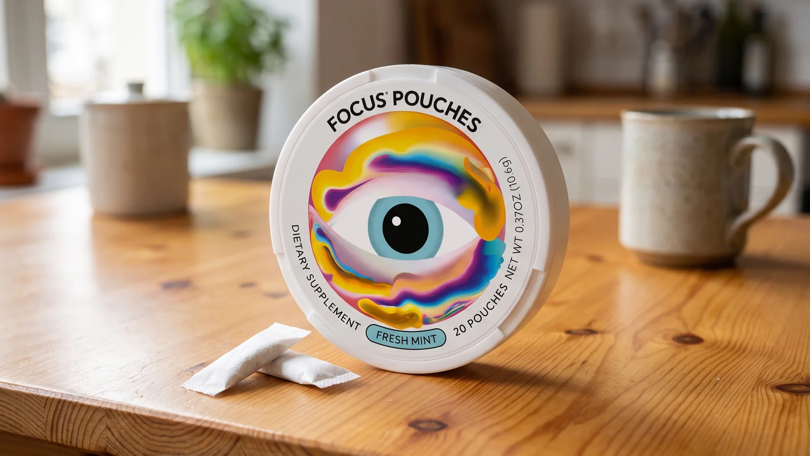 Neutonic Focus Pouches tin and two pouches on a wooden table