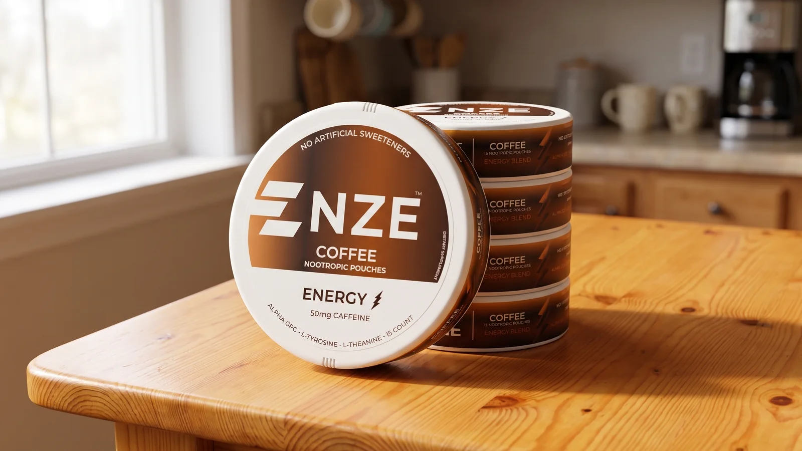 Stack of NZE Coffee 50 mg caffeine pouch tins on a wooden table