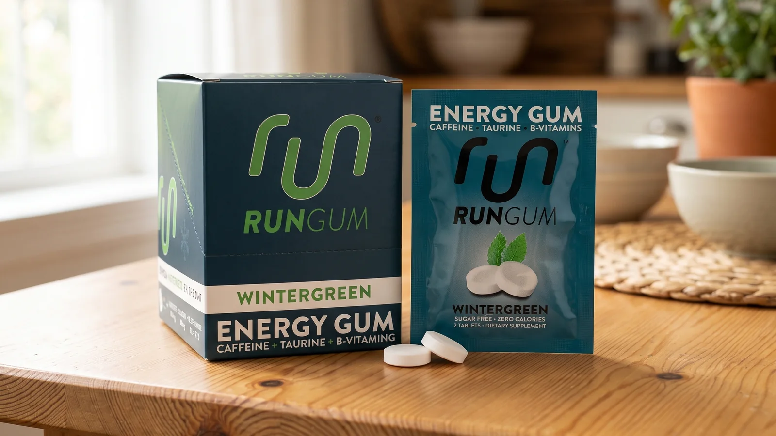 Run Gum Wintergreen energy gum box and packet on a wooden table