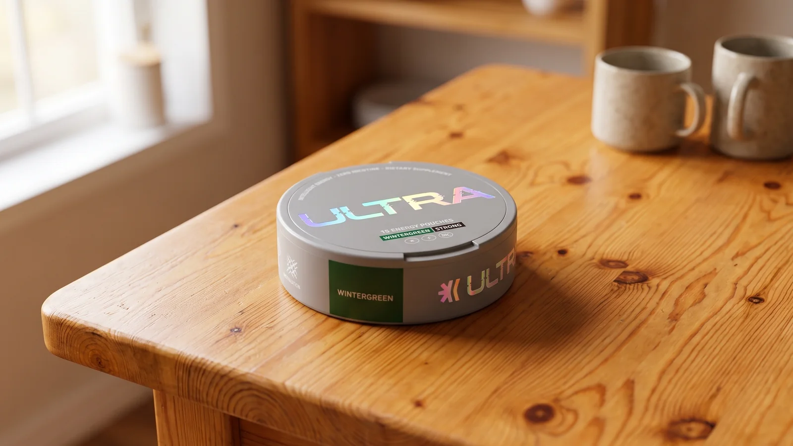 Ultra Energy Wintergreen caffeine pouch tin on a wooden table