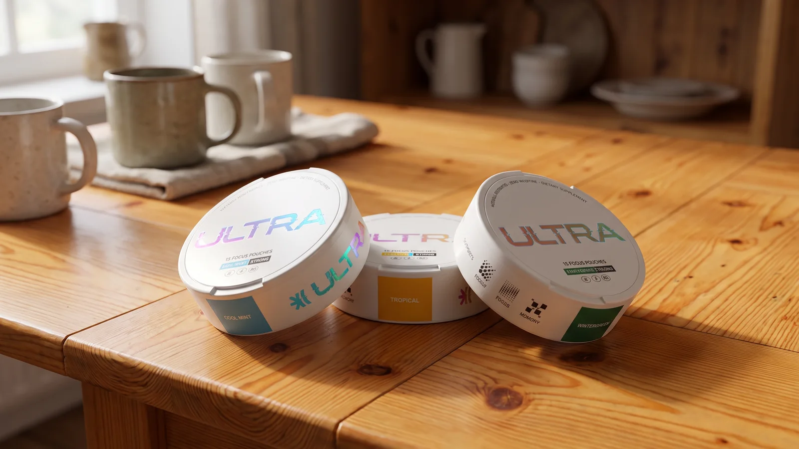 Three Ultra Focus pouch tins on a wooden table