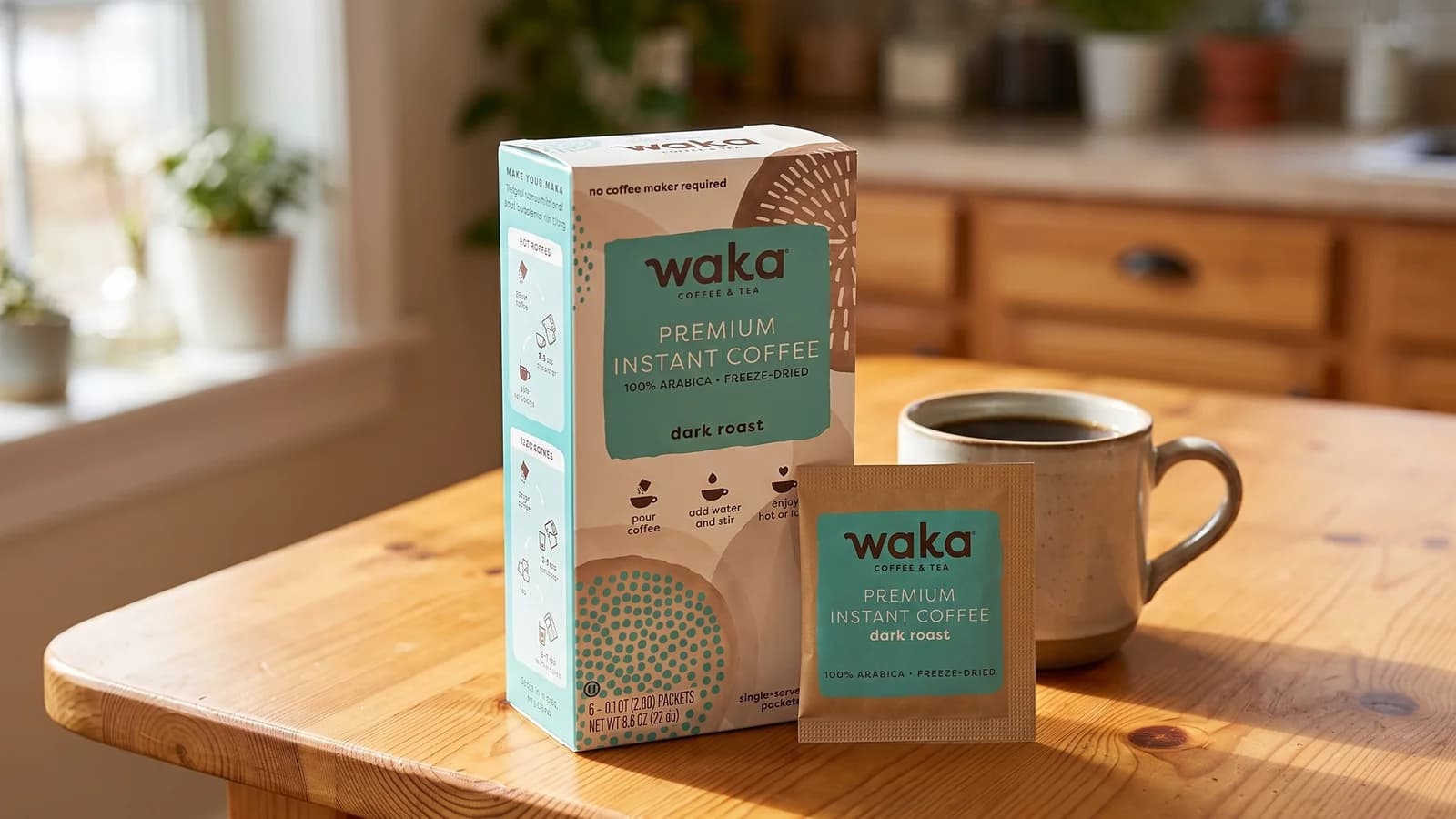 Waka dark roast instant coffee box and packet beside a mug of coffee