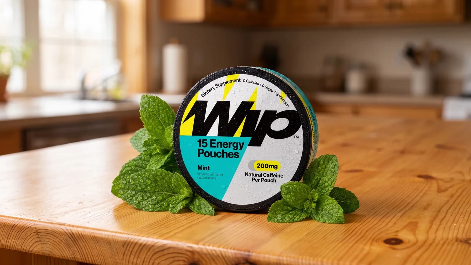 Wip Mint 200 mg energy pouch tin with mint leaves on a wooden table