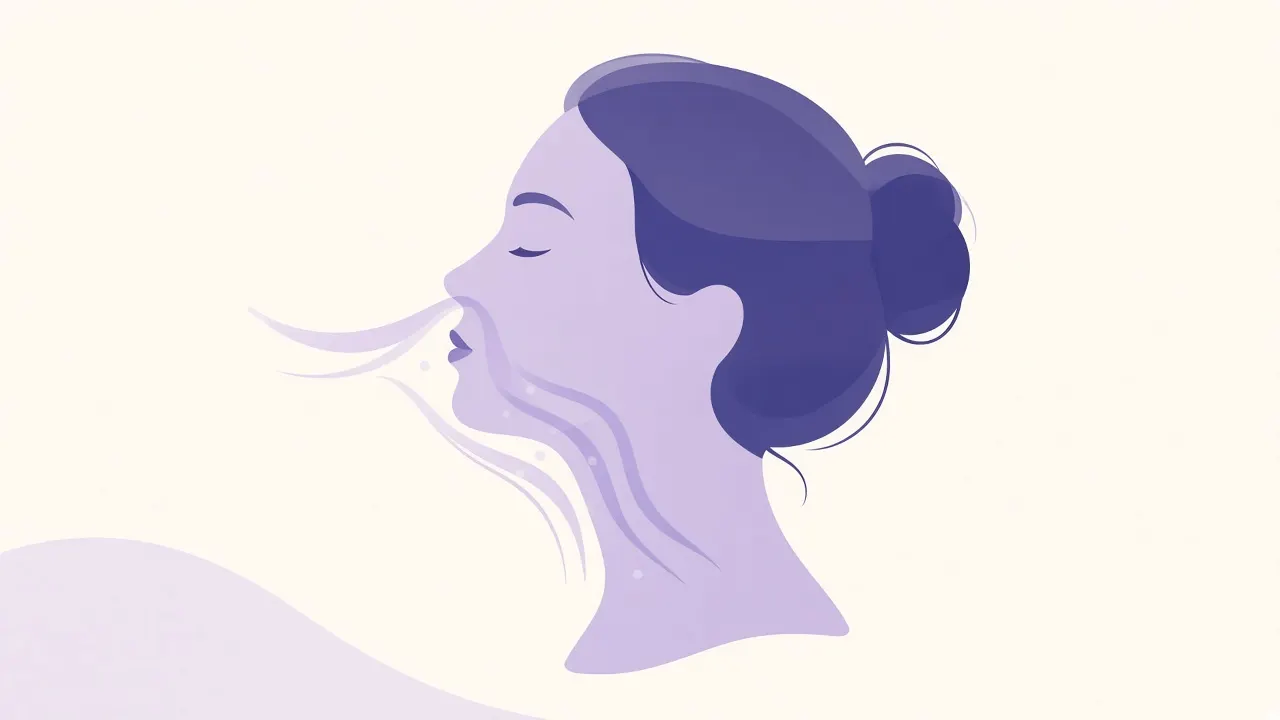 Illustration of air moving through the nose: warmed and humidified over the turbinates, filtered, with nitric oxide from the paranasal sinuses carried toward the lower airway.
