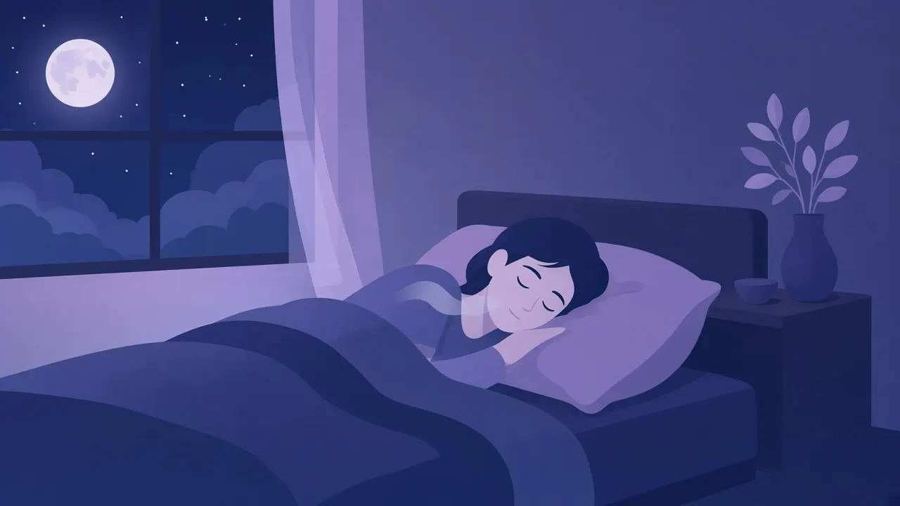 Illustration of a person sleeping on their side and breathing through the nose in a dark bedroom.