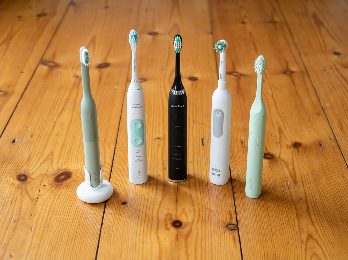 Three electric toothbrushes side by side: a round-head oscillating brush, a slim sonic brush, and a simpler rechargeable.