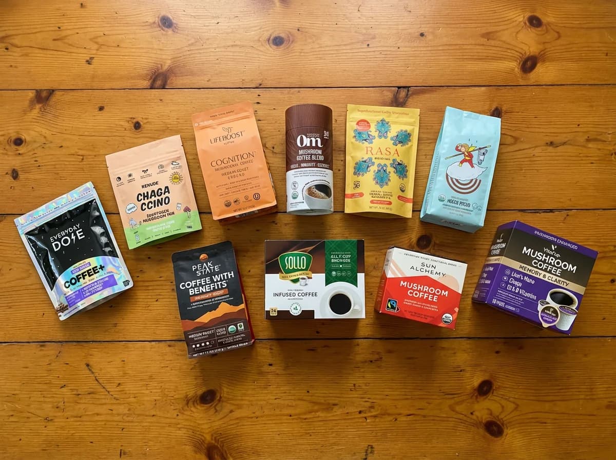 Mushroom coffee tubs and bags from Everyday Dose, RYZE, Four Sigmatic, Laird Superfood, MUD\WTR, and other brands in this ranking.