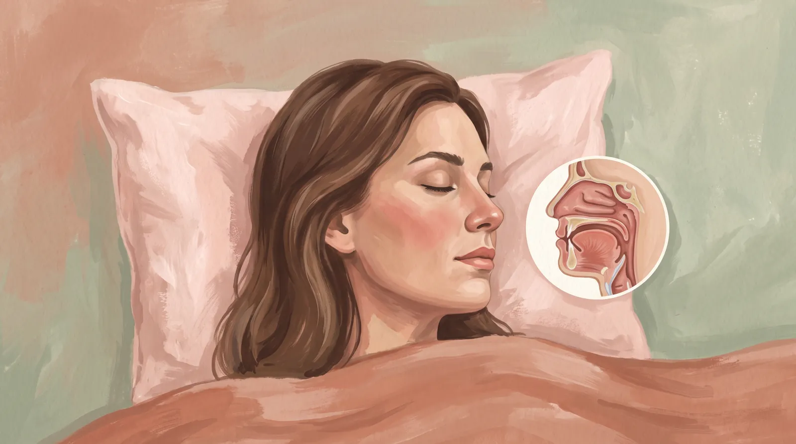 Illustration of a man asleep in bed, with a CPAP machine and mask on the nightstand.