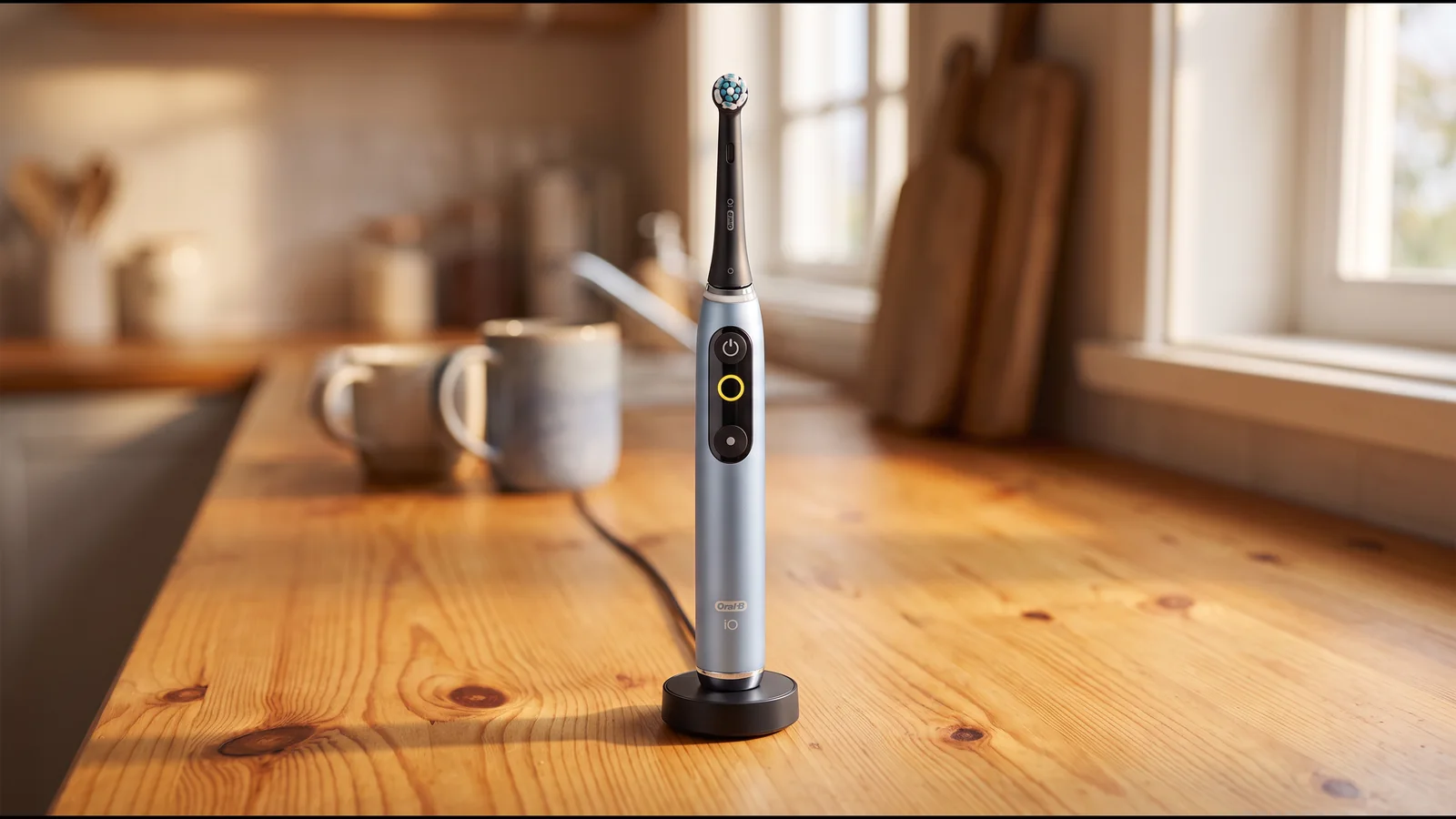 Oral-B iO Series 9 electric toothbrush in aqua marine on its charger on a wooden table