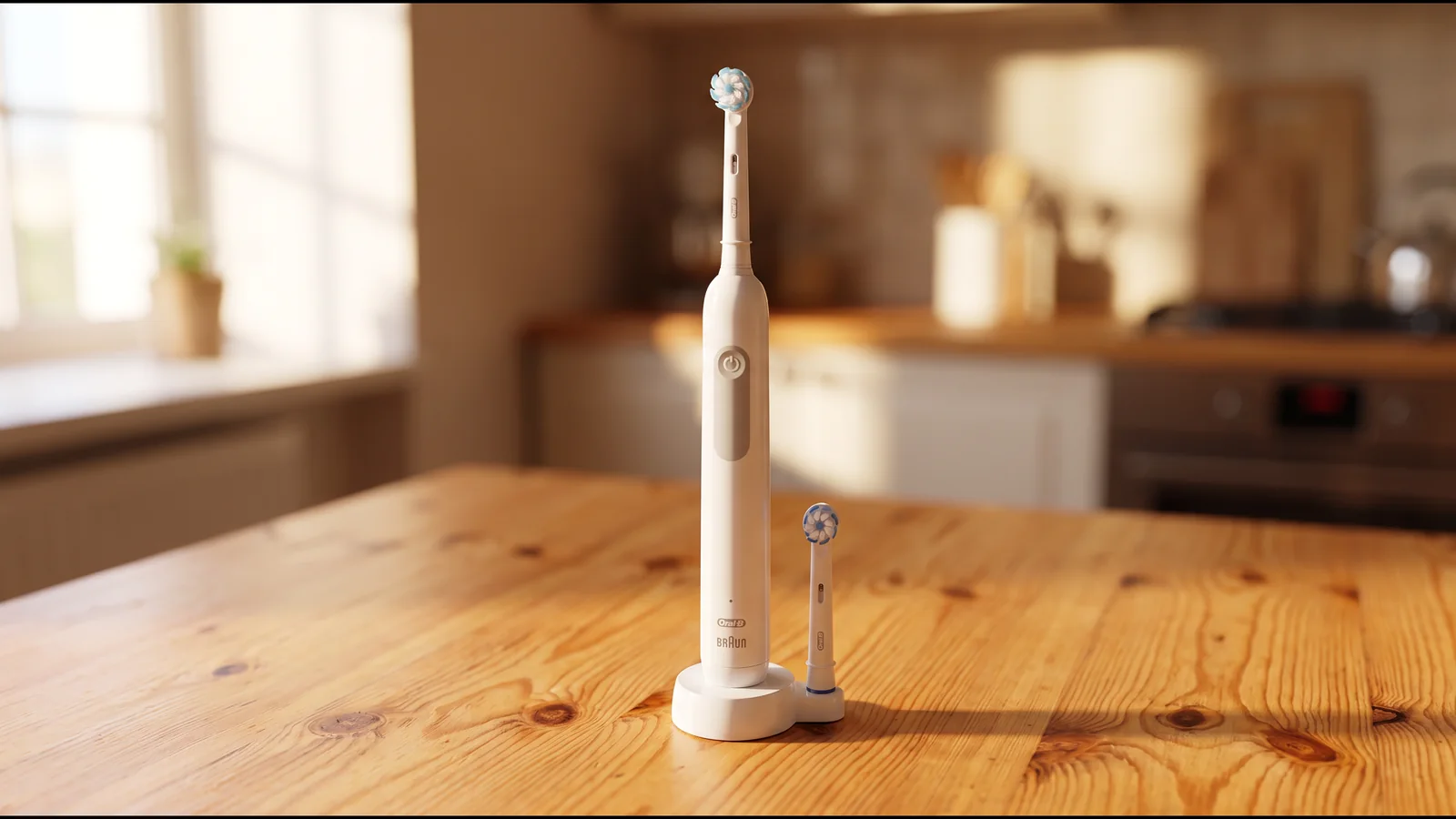 Oral-B Pro 1000 electric toothbrush on its charger on a wooden table