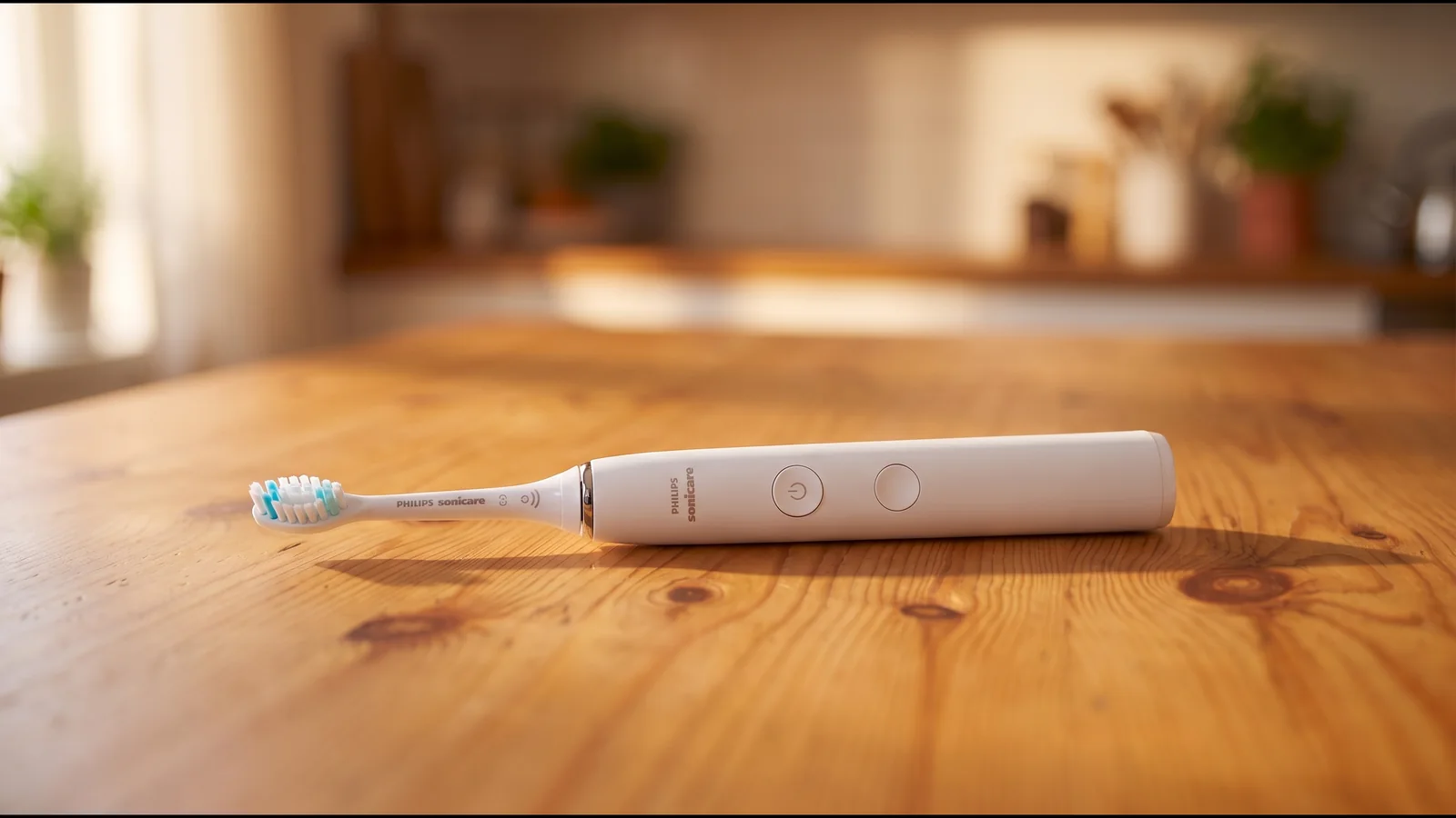 Philips Sonicare DiamondClean 9000 in its charging glass on a wooden table