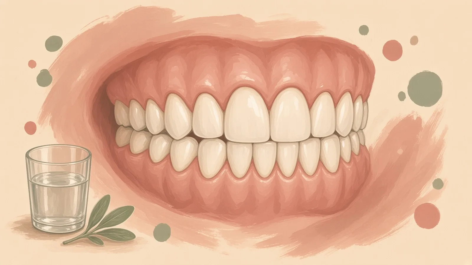 Illustration of healthy gums and teeth beside a glass of water and a sage leaf.