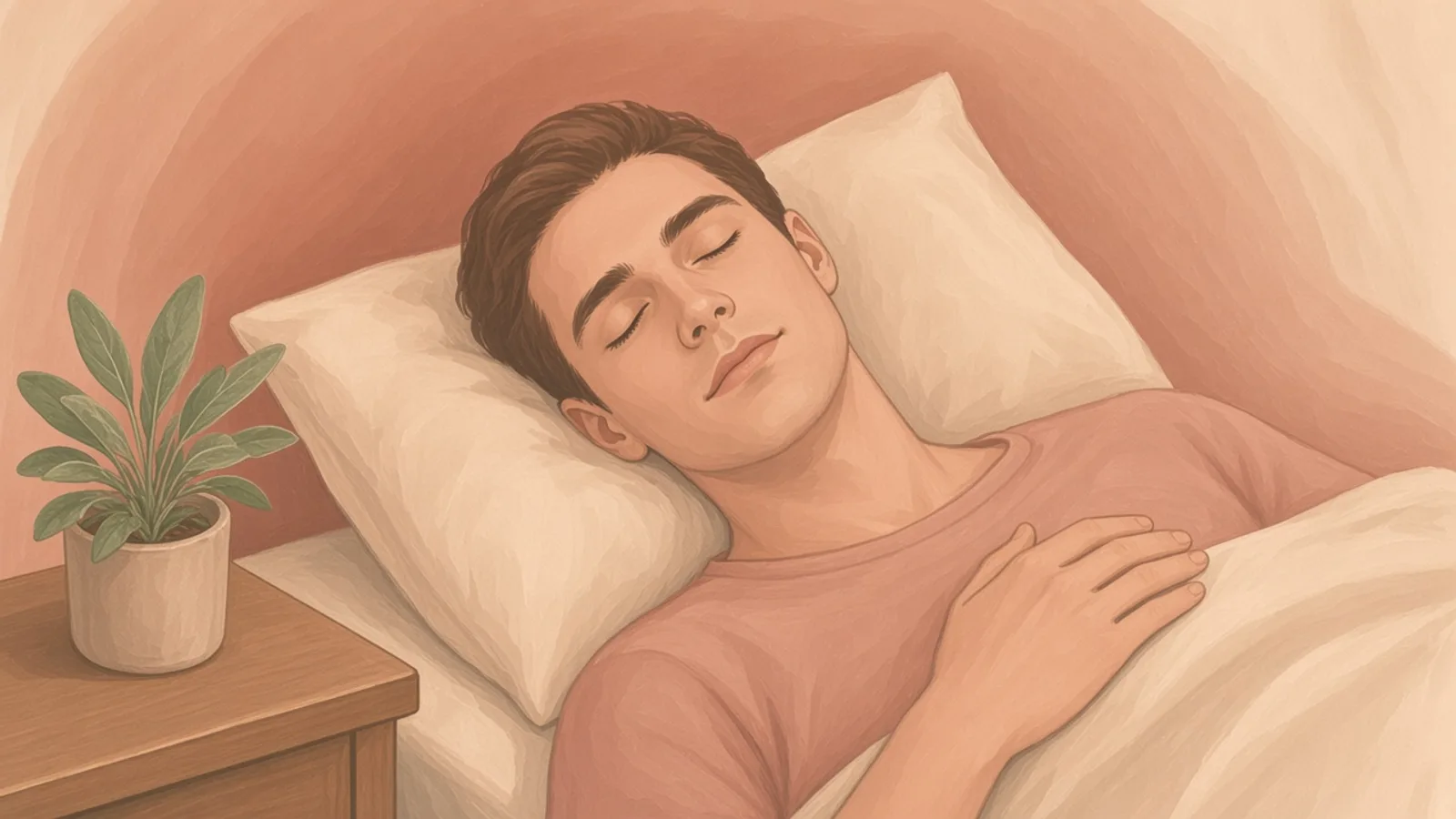 Illustration of a person asleep with a hand resting on the chest.