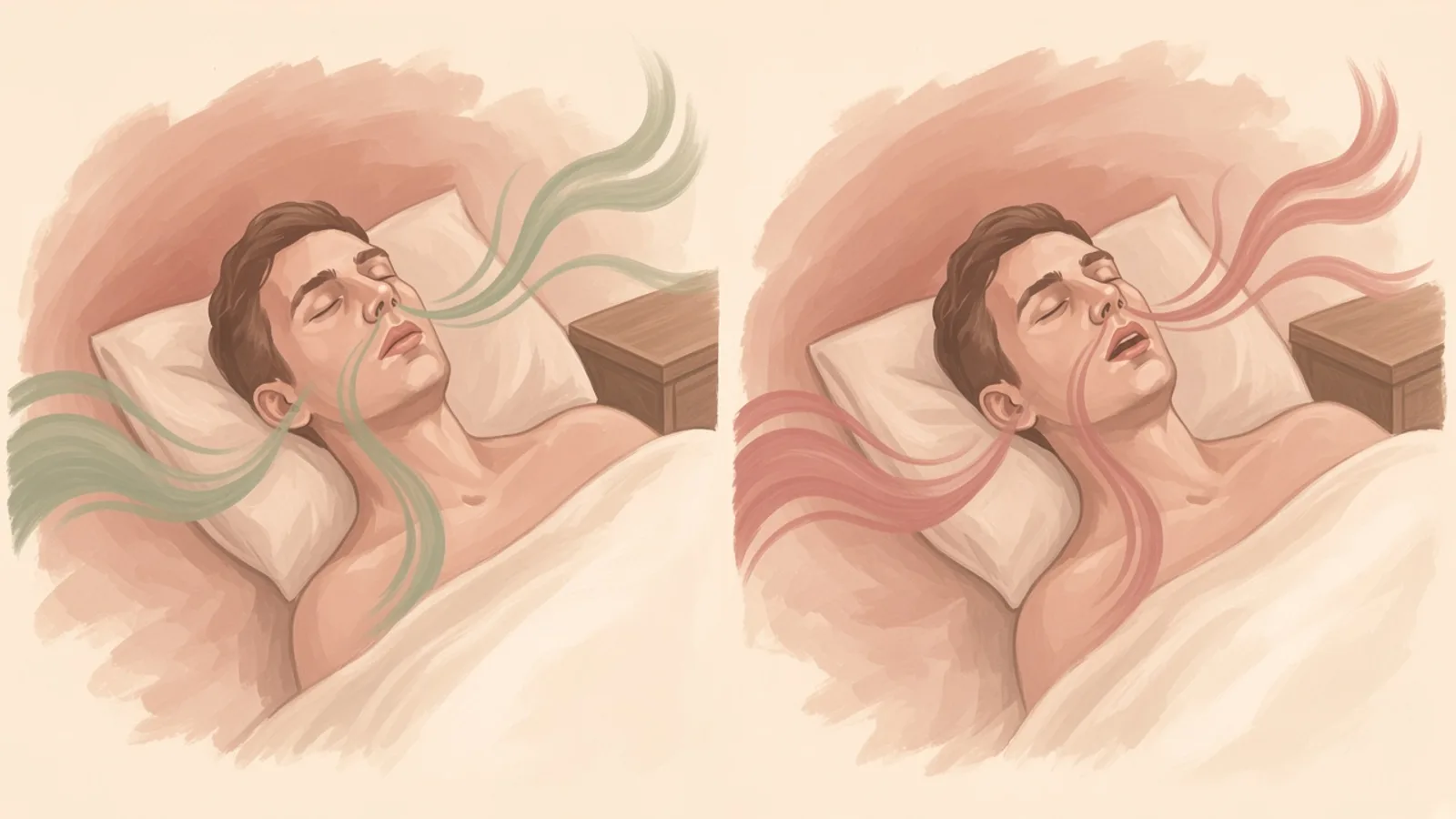 Illustration of the same sleeper breathing through the nose and, beside them, through the mouth.