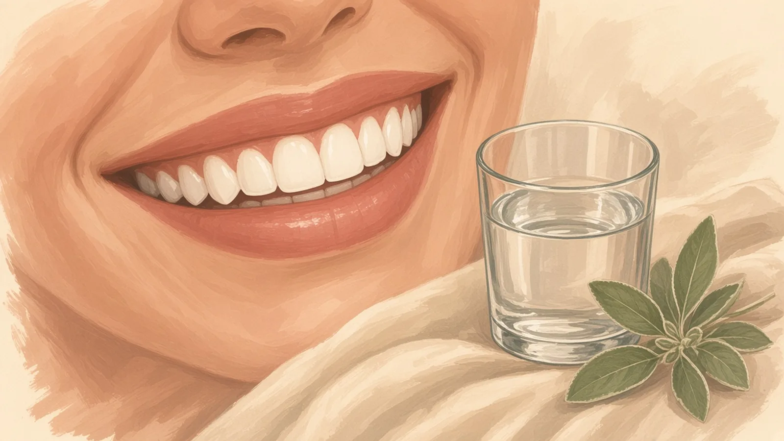 Illustration of a smile with healthy teeth and a glass of water.