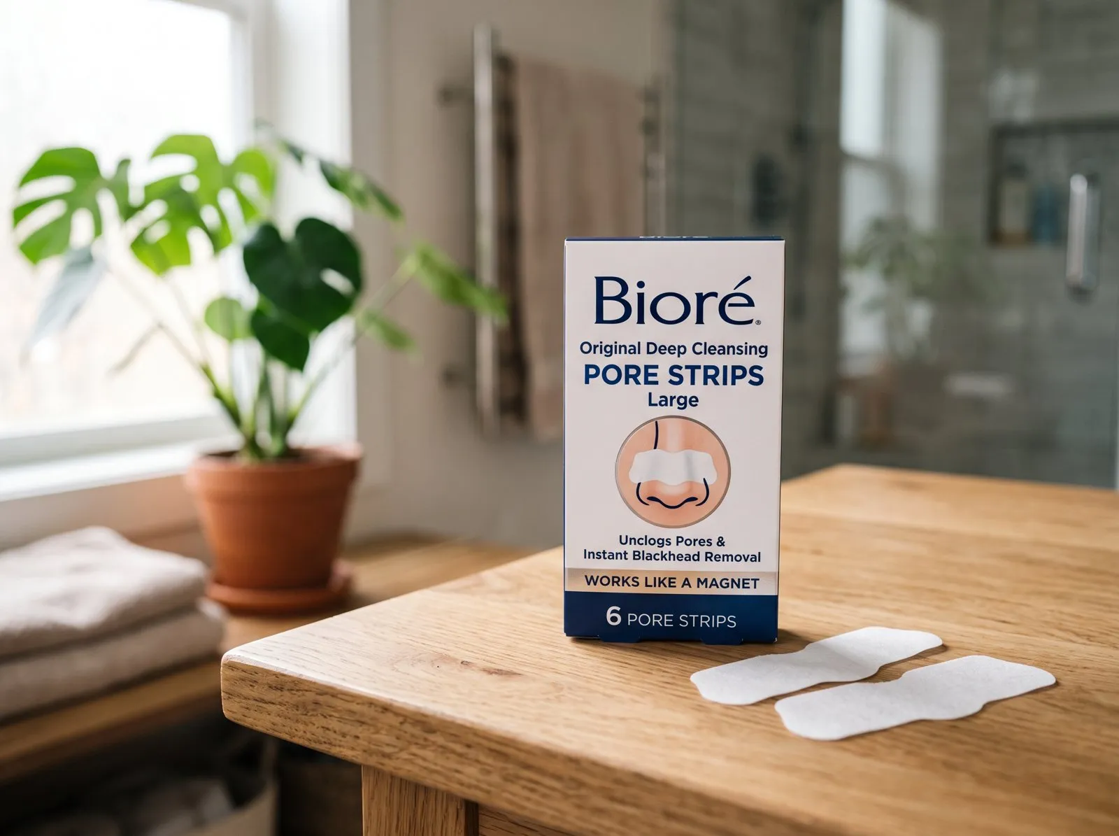 A nose pore strip peeled back to show the plugs it lifted, with strip packages on a bathroom counter.